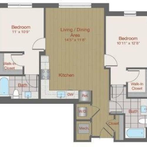 Image of 2H Two Bedroom Floor Plan | Ovation at Arrowbrook | Herndon Affordable Apartments