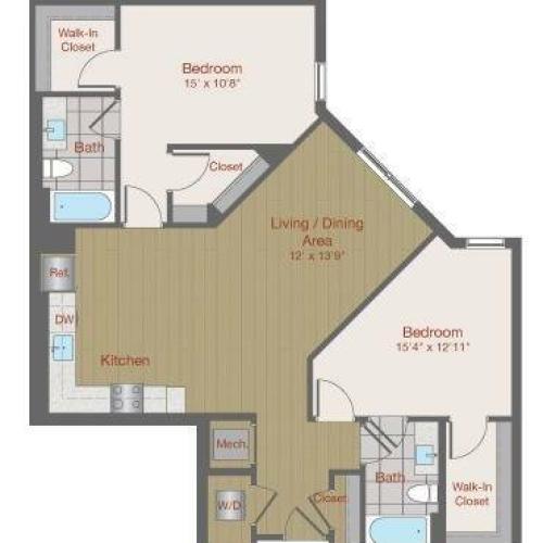Image of 2J Two Bedroom Floor Plan | Ovation at Arrowbrook | Herndon Affordable Apartments