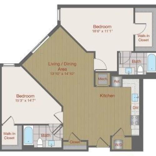 Image of 2L Two Bedroom Floor Plan | Ovation at Arrowbrook | Herndon Affordable Apartments