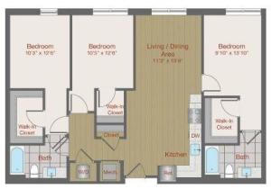 Image of 3B1 Three Bedroom Floor Plan | Ovation at Arrowbrook | Herndon Affordable Apartments