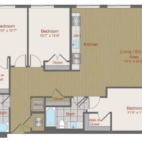 Image of 3C1 Three Bedroom Floor Plan | Ovation at Arrowbrook | Herndon Affordable Apartments