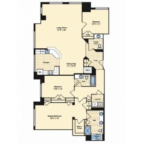 3 Bedroom Floor Plan 2 | Alexandria Apartments | Carlyle Place