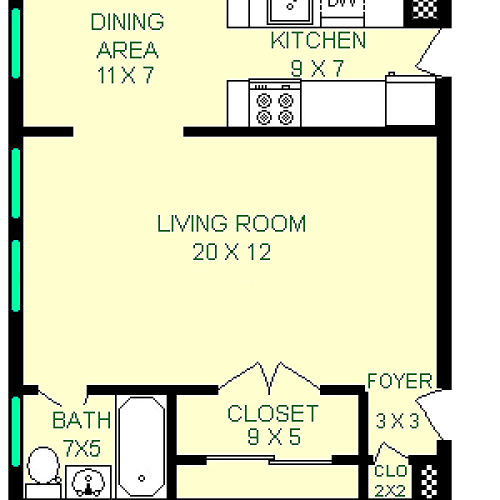 Floor plan of Ravel unit, roughly 500 square feet, Featuring living room, kitchen, bathroom, and closet.