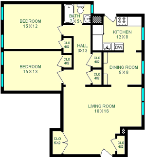 Williams 2 bedroom floor plan shows roughly 950 square feet with two bedrooms connected by a hall with the bathroom on the end. The opposite end of the hall holds the living room, dining room and attached kitchen.