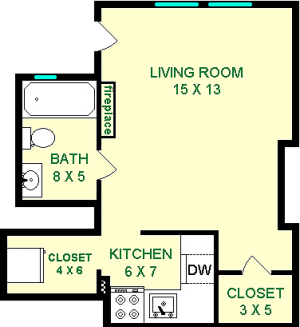 Lister Studio Floorpan shows roughly 325 Square Feet, one closet, a kitchen and bathroom.
