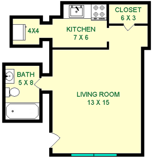 Galen Studio Floorpan shows roughly 330 Square Feet, two closets, a kitchen and bathroom.
