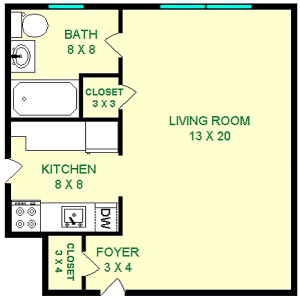 Servetus Studio Floorpan shows roughly 410 Square Feet, two closets, a kitchen and bathroom. There is also an entry foyer