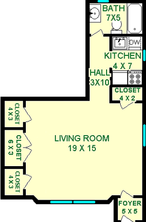Fleming Studio Floorpan shows roughly 480 Square Feet, three closets, a kitchen and bathroom.