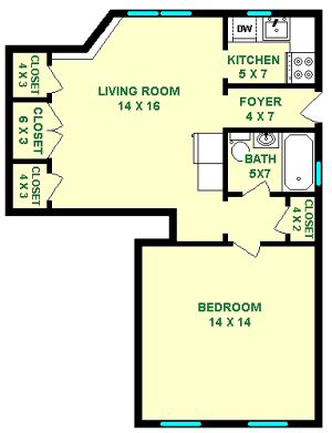 Blackwell Floorplan showing roughly 580 square feet, with a living room, kitchen and small foyer. The bedroom and bathroom are separated by a hall with a closet at the end of it.