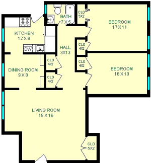 Barnard 2 bedroom floor plan shows roughly 935 square feet with two bedrooms connected by a hall with the bathroom on the end. The opposite end of the hall holds the living room, dining room and attached kitchen.
