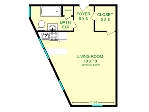 Floor plan of Airflow Unit, roughly 445 square feet with living area and kitchen, bathroom and large closet off of the foyer.