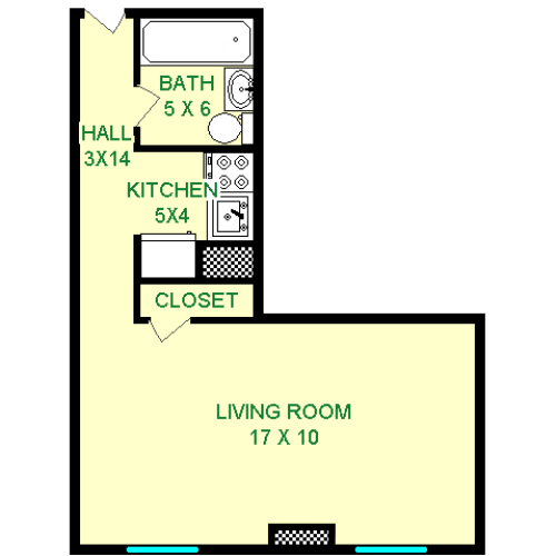 Floor plan of Astura Unit, roughly 280 square feet with living area, kitchen, and bathroom.