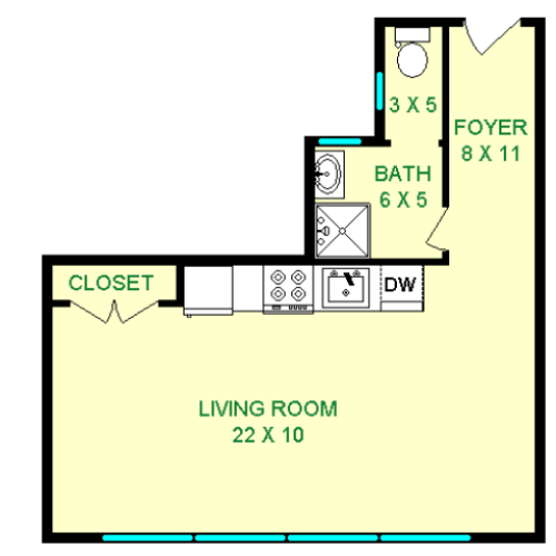 Floor plan of Century unit, roughly 375 square feet. Living area and kitchenette, and bathroom.