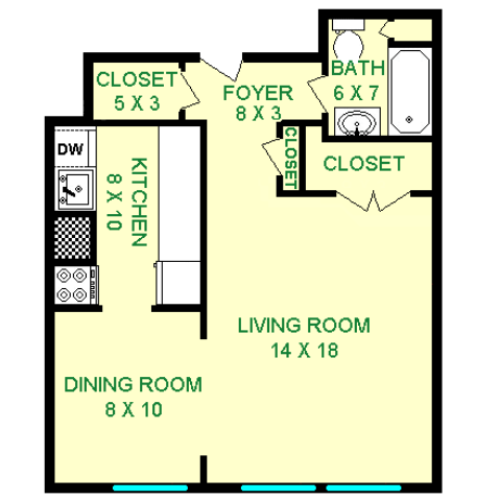 Floor plan of Cord unit, roughly 520 square feet. Living room with large closet, dining room and full kitchen. Full bathroom off of the foyer.