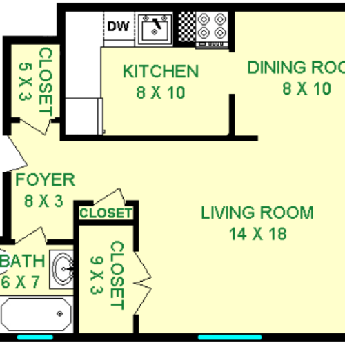 Floor plan of DeSoto unit, roughly 550 square feet. Living room with large closet, dining room and full kitchen. Full bathroom off of the foyer.