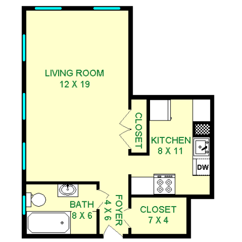 Floor plan of Dolomite unit, roughly 420 square feet. Living room, with full bathroom and full kitchen.