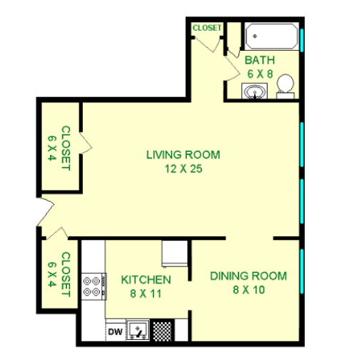 Floor plan of Fleetwood unit, roughly 570 square feet. Features living room, dining room, full kitchen, and full bathroom.