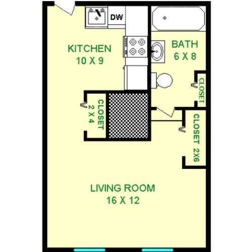 Floor plan of Opel unit, roughly 385 square feet. Featuring living room, kitchen, and bathroom.