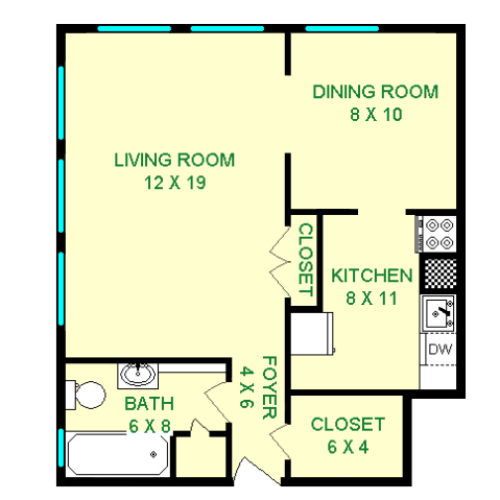 Floor plan of Packard unit, roughly 500 square feet. Features living room, dining room, full kitchen, full bathroom, and large foyer closet.