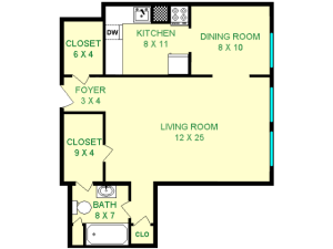Floor plan of Roadster unit, roughly 570 square feet. Featuring Living room, dining room, full kitchen, and full bathroom.