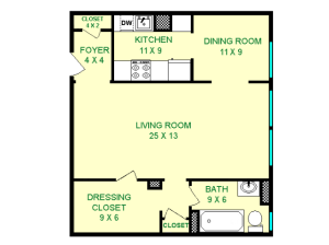 Floor plan of Victoria unit, roughly 660 square feet. Featuring living room, dining room, kitchen, dressing closet, and bathroom.