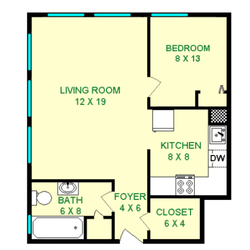 Floor plan of Artena unit, roughly 500 square feet, Featuring living room, bedroom, kitchen, bathroom, and foyer closet.