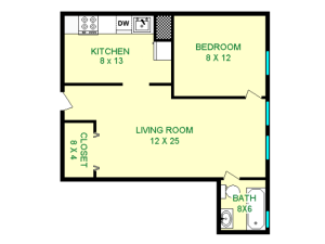 Floor plan of Citroen unit, roughly 570 square feet. Featuring living room and closet, bedroom, kitchen, and bathroom.
