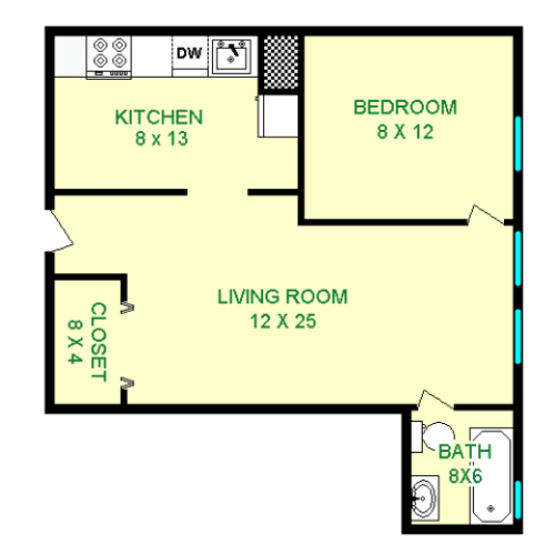 Floor plan of Citroen unit, roughly 570 square feet. Featuring living room and closet, bedroom, kitchen, and bathroom.