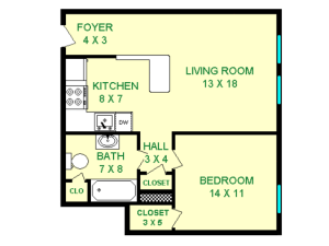 Floor plan of Darrin unit, roughly 570 square feet. Featuring living room, kitchen, bedroom, and bathroom.