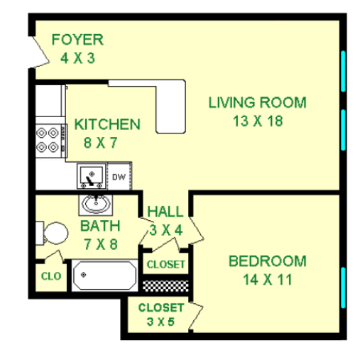 Floor plan of Darrin unit, roughly 570 square feet. Featuring living room, kitchen, bedroom, and bathroom.