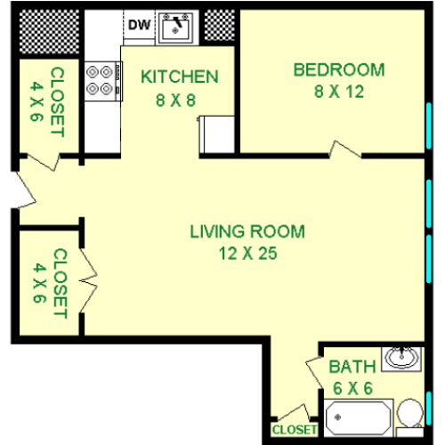 Floor plan of Essex unit, roughly 570 square feet. Featuring living room, kitchen, bedroom, and bathroom.