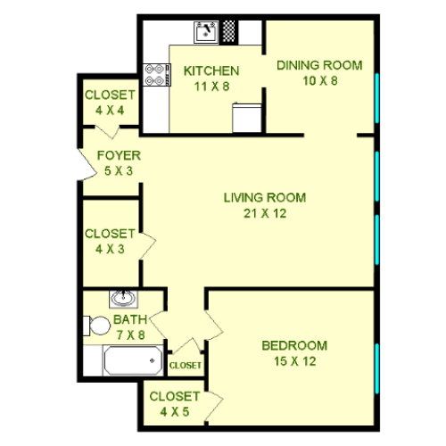 Floor plan of Firebird unit, roughly 770 square feet. Featuring living room, dining room, kitchen, bedroom, and bathroom.