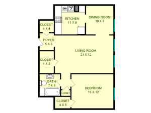 Floor plan of Hudson unit, roughly 770 square feet. Featuring living room, dining room, kitchen, bedroom, and bathroom.