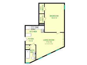 Floor plan of Imperial unit, roughly 645 square feet. Featuring living room, kitchen, bedroom, and bathroom.