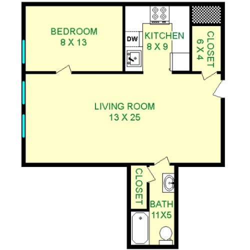 Floor plan of Isetta unit, roughly 570 square feet. Featuring living room, kitchen, bedroom, and bathroom.