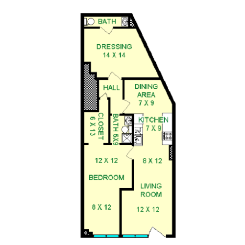 Floor plan of Lancia unit, roughly 1035 square feet. Featuring living room, kitchen, dining area, large dressing closet, bedroom, and bathroom.