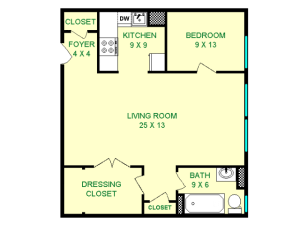 Floor plan of LeBaron unit, roughly 660 square feet. Featuring living room, kitchen, dressing closet, bedroom, and bathroom.
