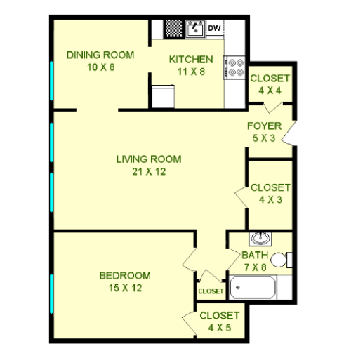 Floor plan of Mercury unit, roughly 770 square feet. Featuring living room, dining room, kitchen, bedroom, and bathroom.