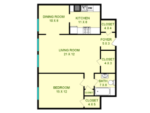 Floor plan of Stanley, roughly 770 square feet. Featuring living room, dining room, kitchen, bedroom, and bathroom.
