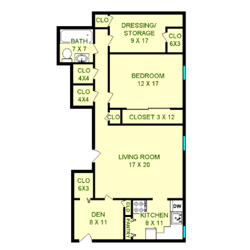 Floor plan of Talbot unit, roughly 925 square feet. Featuring living room, kitchen, den, bedroom, dressing room, and bathroom.