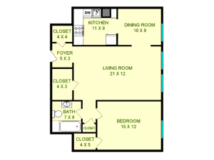 Floor plan of Tucker unit, roughly 770 square feet. Featuring living room, dining room, kitchen, bedroom, and bathroom.