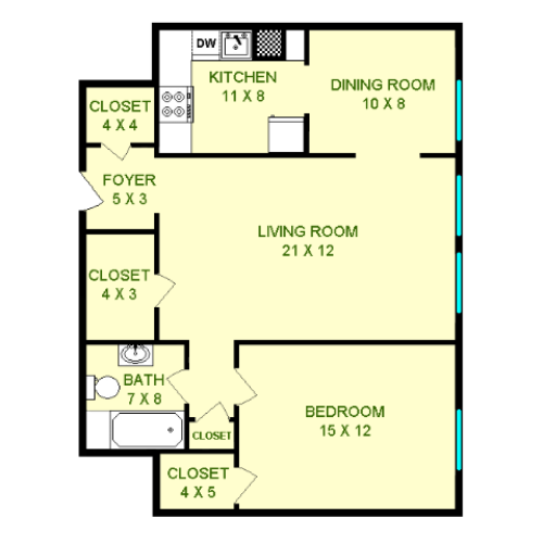 Floor plan of Tucker unit, roughly 770 square feet. Featuring living room, dining room, kitchen, bedroom, and bathroom.