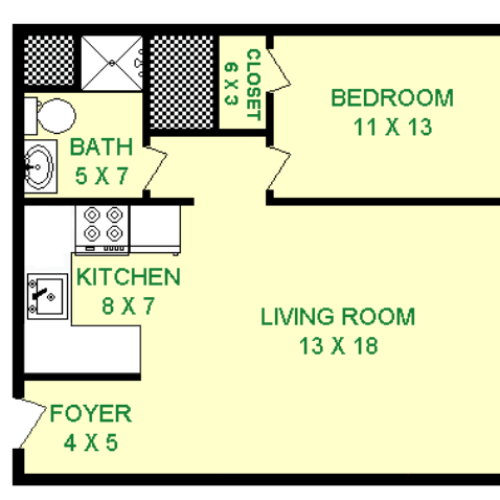 Floor plan of Voisin unit, roughly 570 square feet. Featuring living room, kitchen, bedroom, and bathroom.