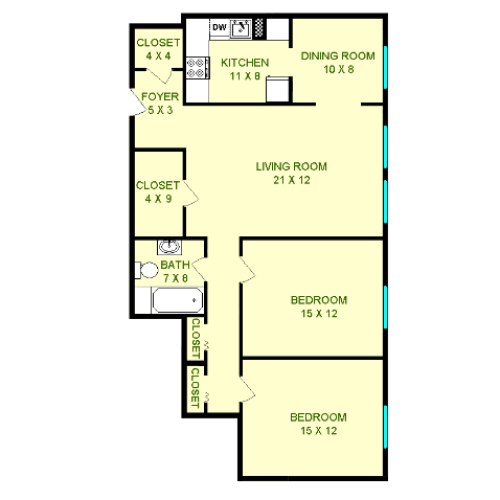 Floor plan of Austin unit, roughly 970 square feet. Featuring living room, dining room, kitchen, two bedrooms, and bathroom.
