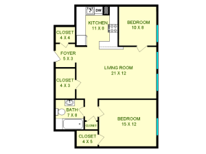 Floor plan of Fiat unit, roughly 770 square feet. Featuring living room, kitchen, two bedrooms, and bathroom.