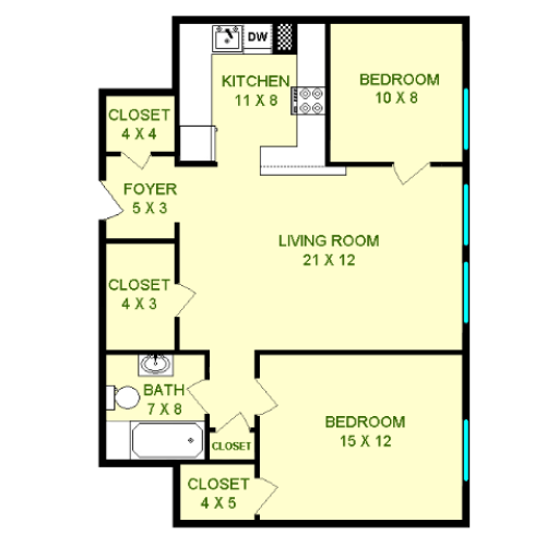 Floor plan of Fiat unit, roughly 770 square feet. Featuring living room, kitchen, two bedrooms, and bathroom.