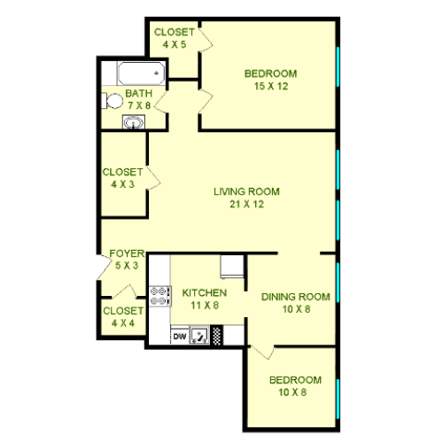 Floor plan of LeMans unit, roughly 850 square feet. Featuring living room, dining room, kitchen, two bedrooms, and bathroom.