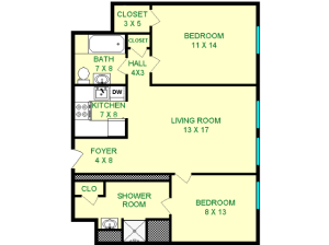 Floor plan of Phaeton unit, roughly 685 square feet. Featuring living room, kitchen, two bedrooms, and bathroom.
