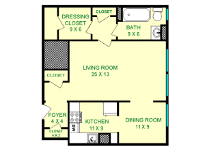 Floor plan of Minerva unit, roughly 660 square feet. Featuring living room, dining room, kitchen, dressing closet, and bathroom.