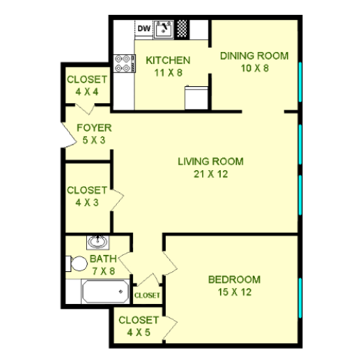 Floor plan of Corvette unit, roughly 770 square feet. Featuring living room, bedroom, kitchen, dining room, bathroom, and foyer closet.